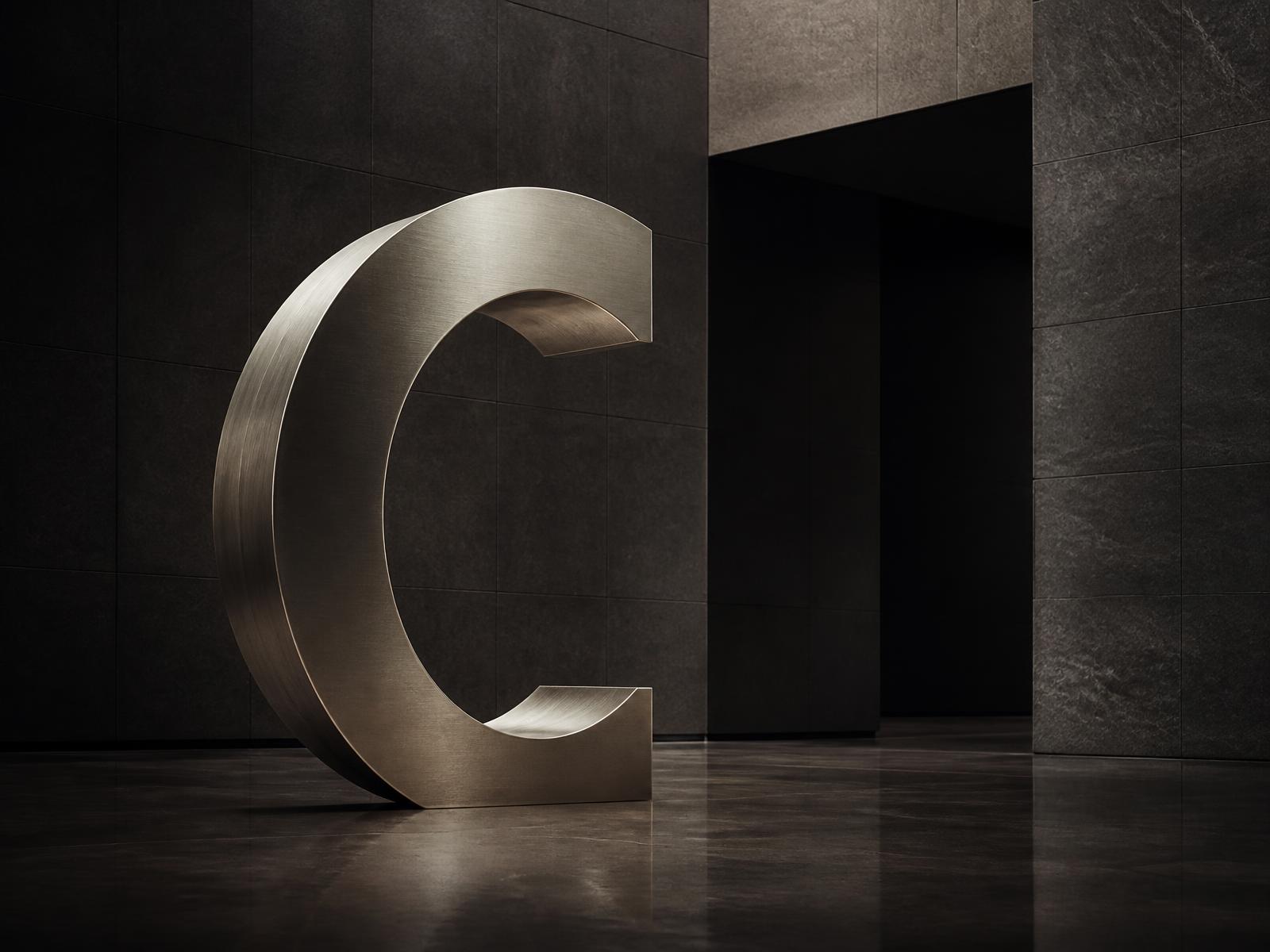 Sculptural brushed-metal Contoure form inside a dark stone architectural space